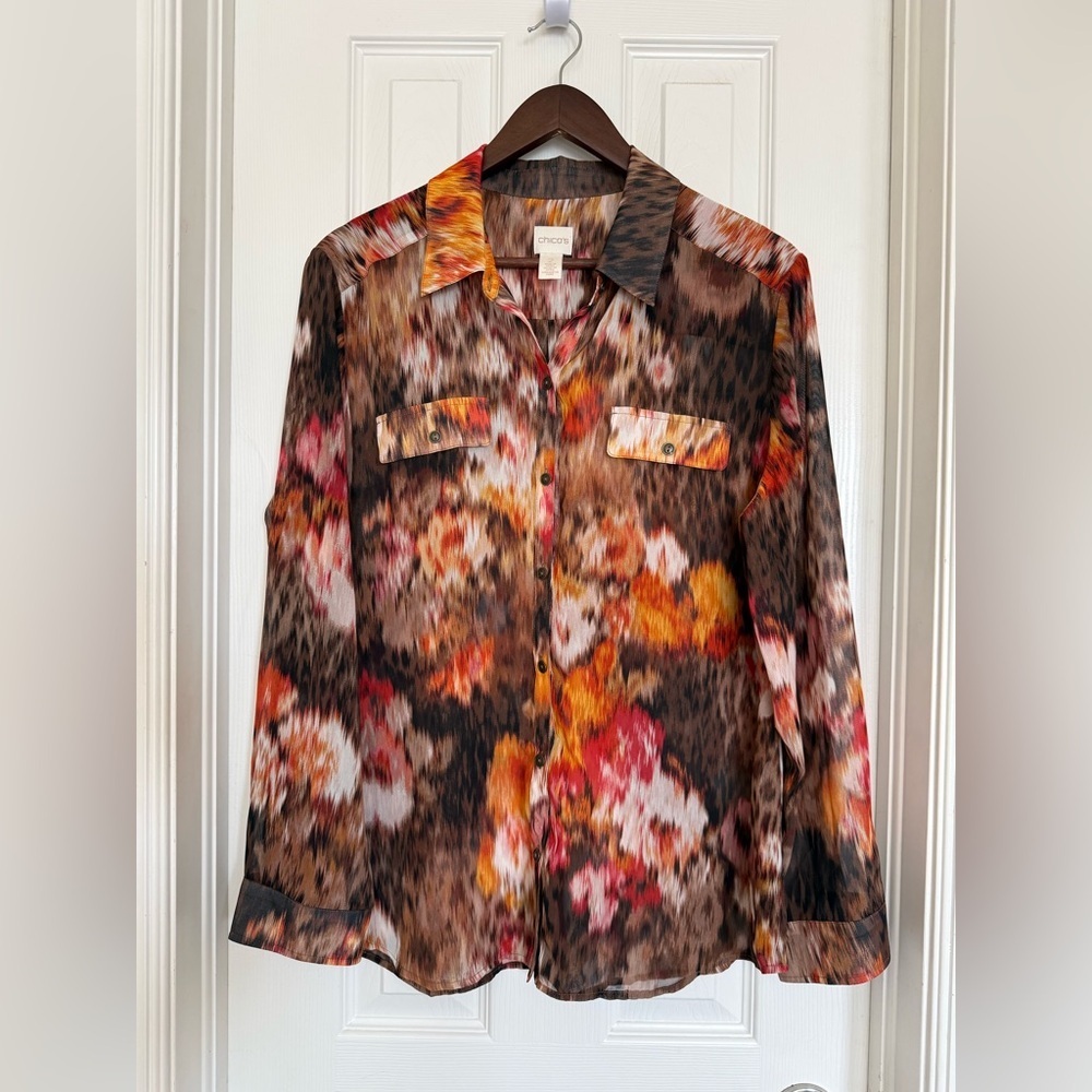 Chico's Multicolor Brushstroke Print Blouse in Brown and Orange Tones